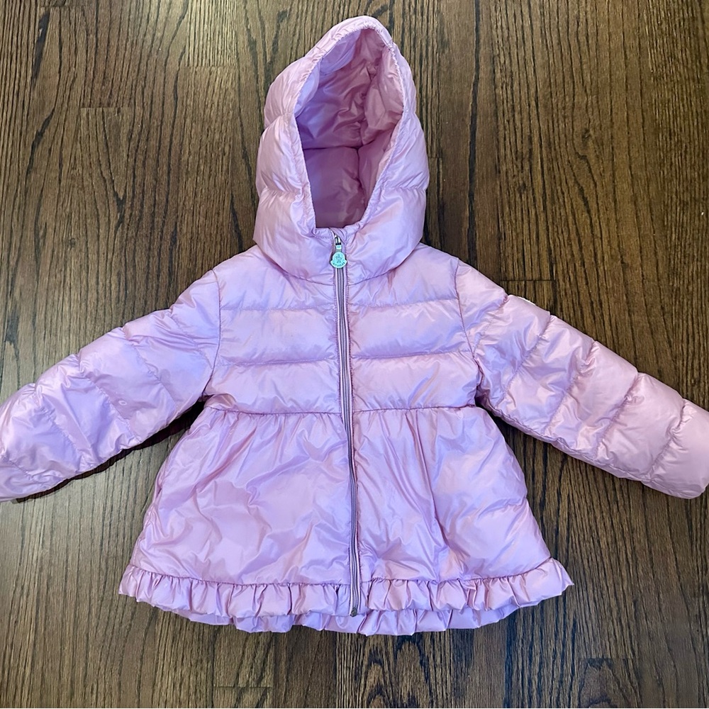 Moncler Girls Light Pink Hooded Ruffle-Hem Puffer Jacket